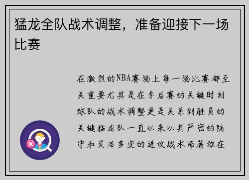 猛龙全队战术调整，准备迎接下一场比赛