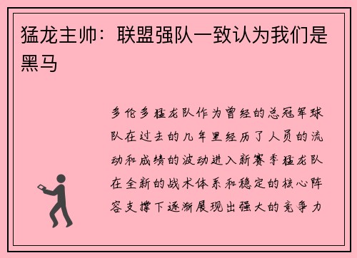 猛龙主帅：联盟强队一致认为我们是黑马